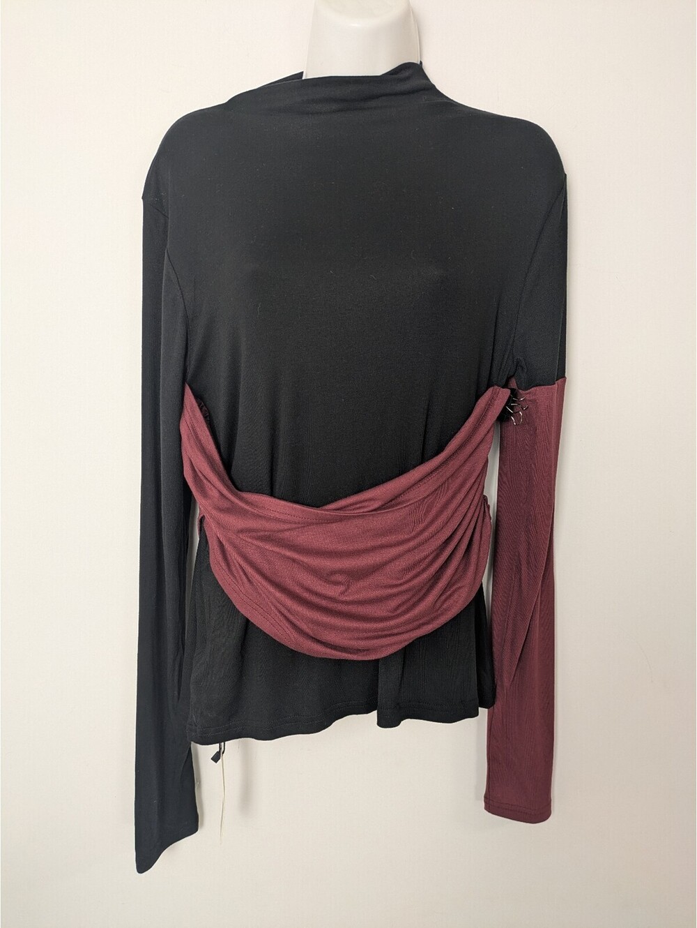 Commense Black Burgundy Draped Asymmetric Mock Neck Long Sleeve Top Women's XL
